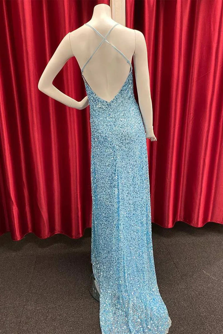 Vestido de fiesta largo estilo sirena con escote en V profundo y espalda abierta